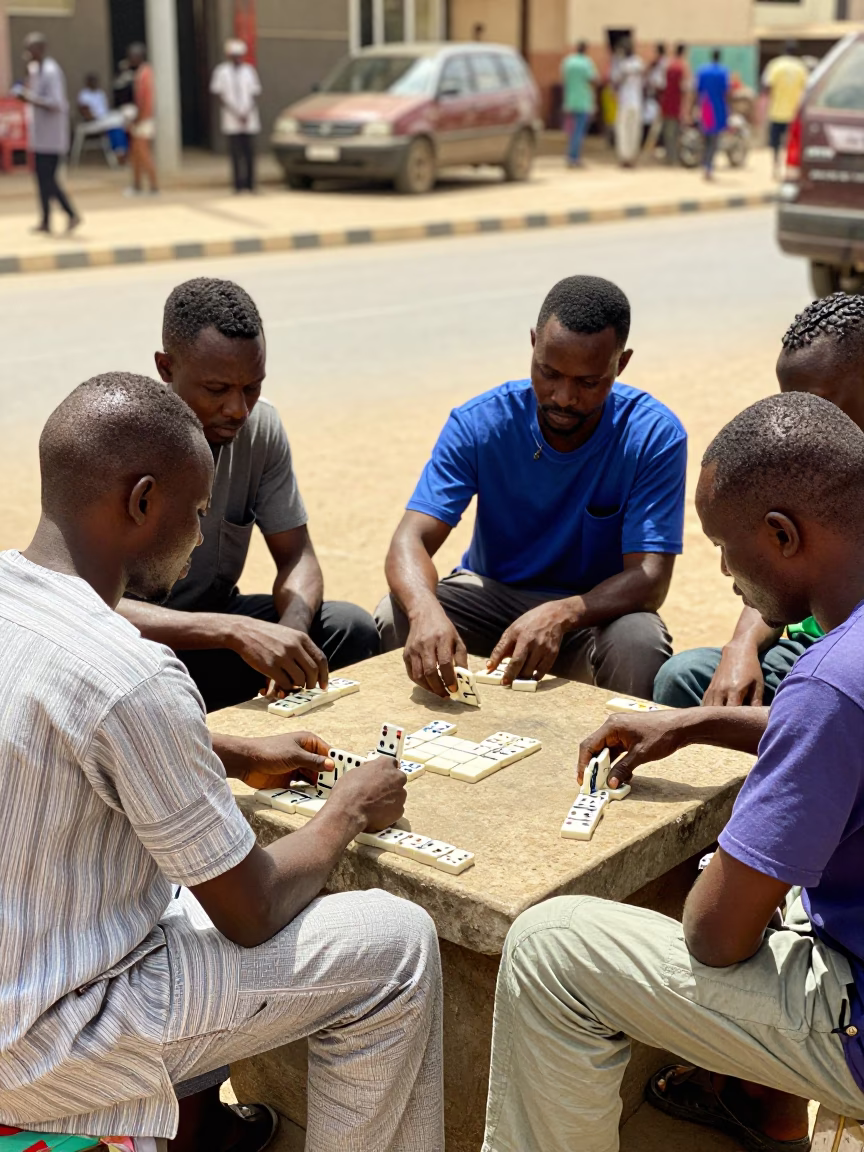 Senegalese Men Playing Traditional Dominoes on Dakar Street Corner at Midday in in Dakar, Senegal