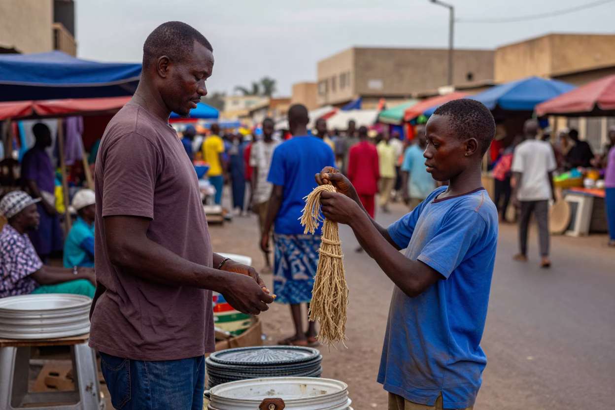 Senegalese Street Vendor Evening Market Scene with Colorful Goods in in Dakar, Senegal
