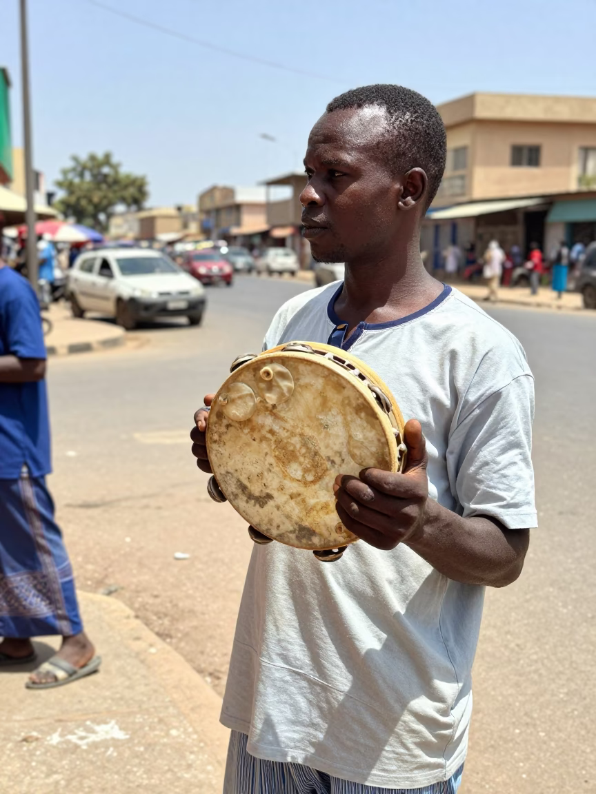 Senegalese Street Vendor Holding Vintage Tambourine in Bright Dakar Midmorning Light in in Dakar, Senegal