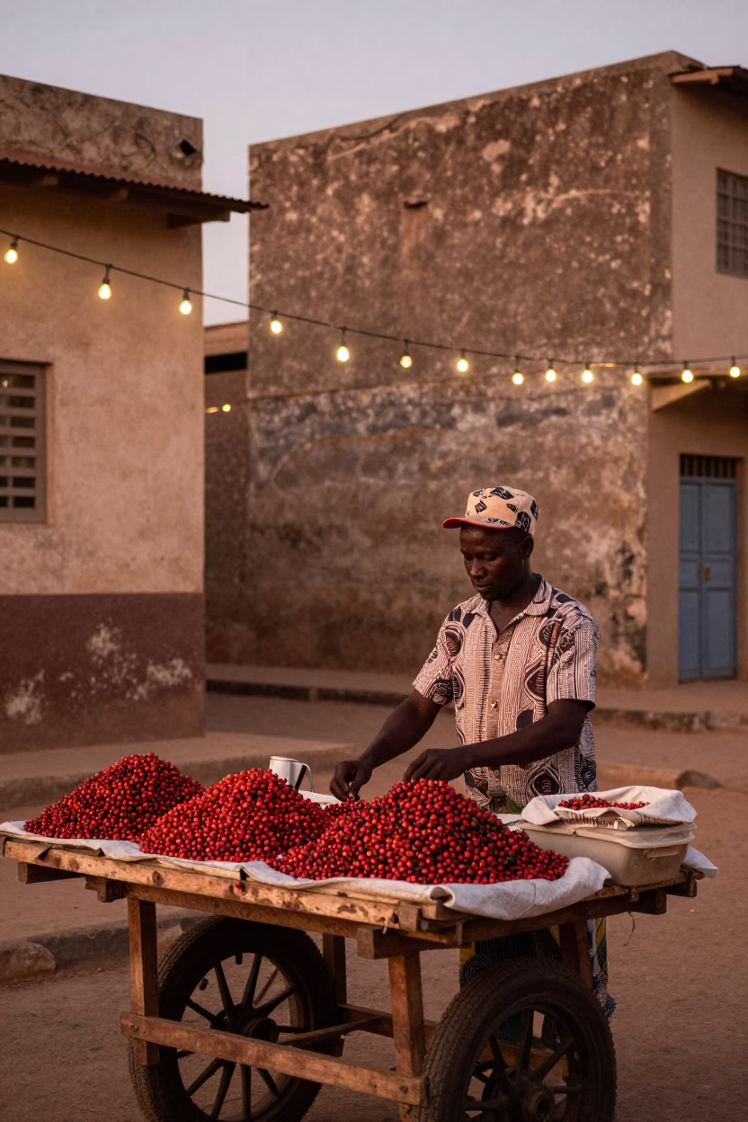 Senegalese street vendor selling berries under string lights in Dakar before dusk in in Dakar, Senegal
