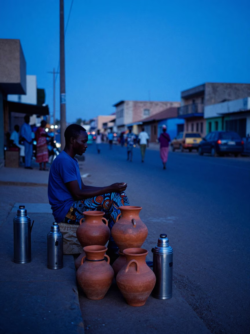 Senegalese street vendor selling clay pots and thermoses in Dakar indigo twilight in in Dakar, Senegal