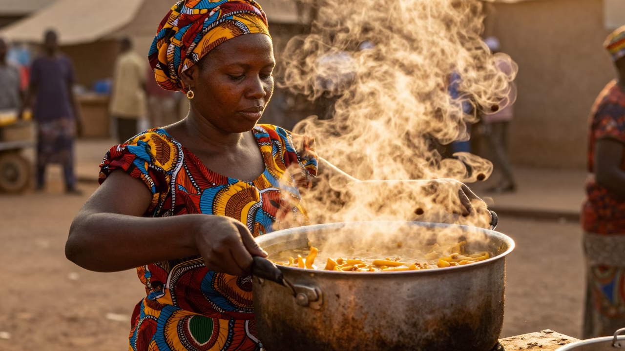 Senegalese street vendor serving steaming fennu soup in Dakar golden hour light in in Dakar, Senegal
