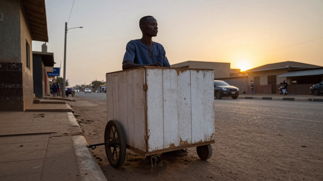 Senegalese street vendor with painted wooden crate and metal caster wheel at Dakar sunset in in Dakar, Senegal