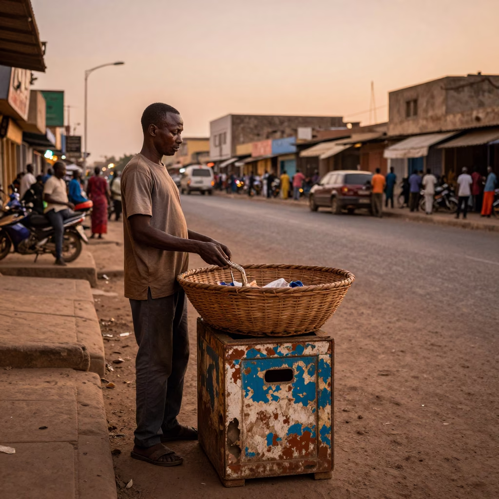 Senegalese Street Vendor with Woven Basket Tray in Dakar Before Dusk in in Dakar, Senegal