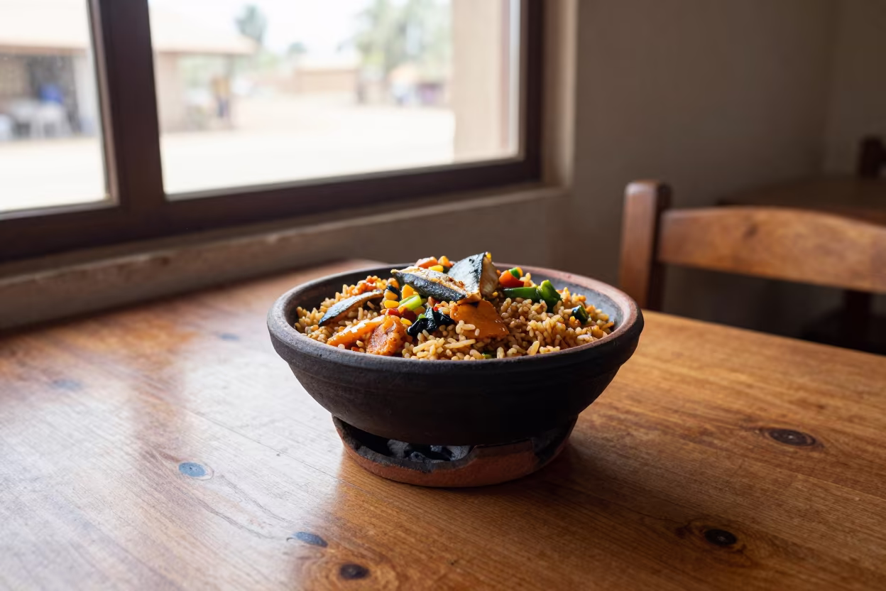 Senegalese Thieboudienne in Axum Diner in at a roadside diner table in Axum