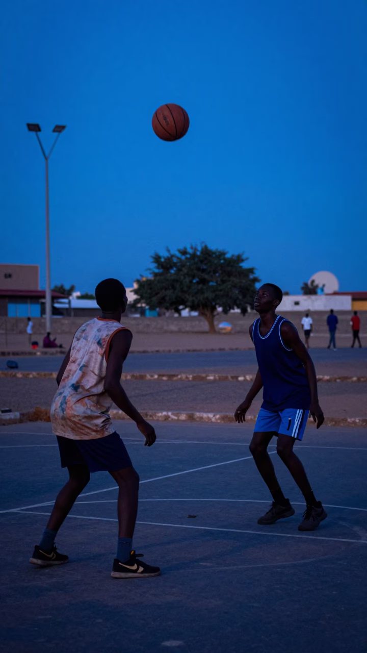 Senegalese Youth Playing Street Basketball in Dakar at Blue Hour in in Dakar, Senegal