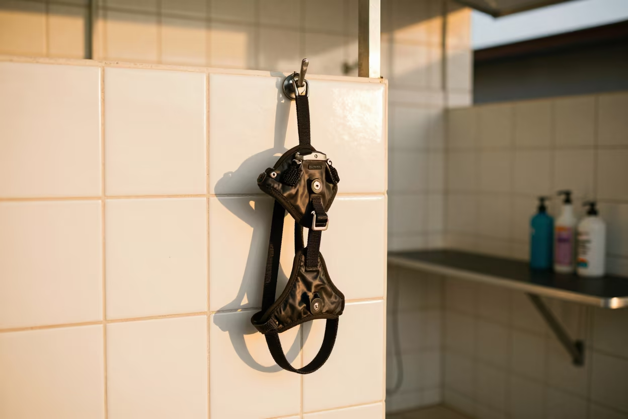 Senior Dog Harness Hook in Sao Luis Wash Station in at a self-serve dog wash station in Sao Luis