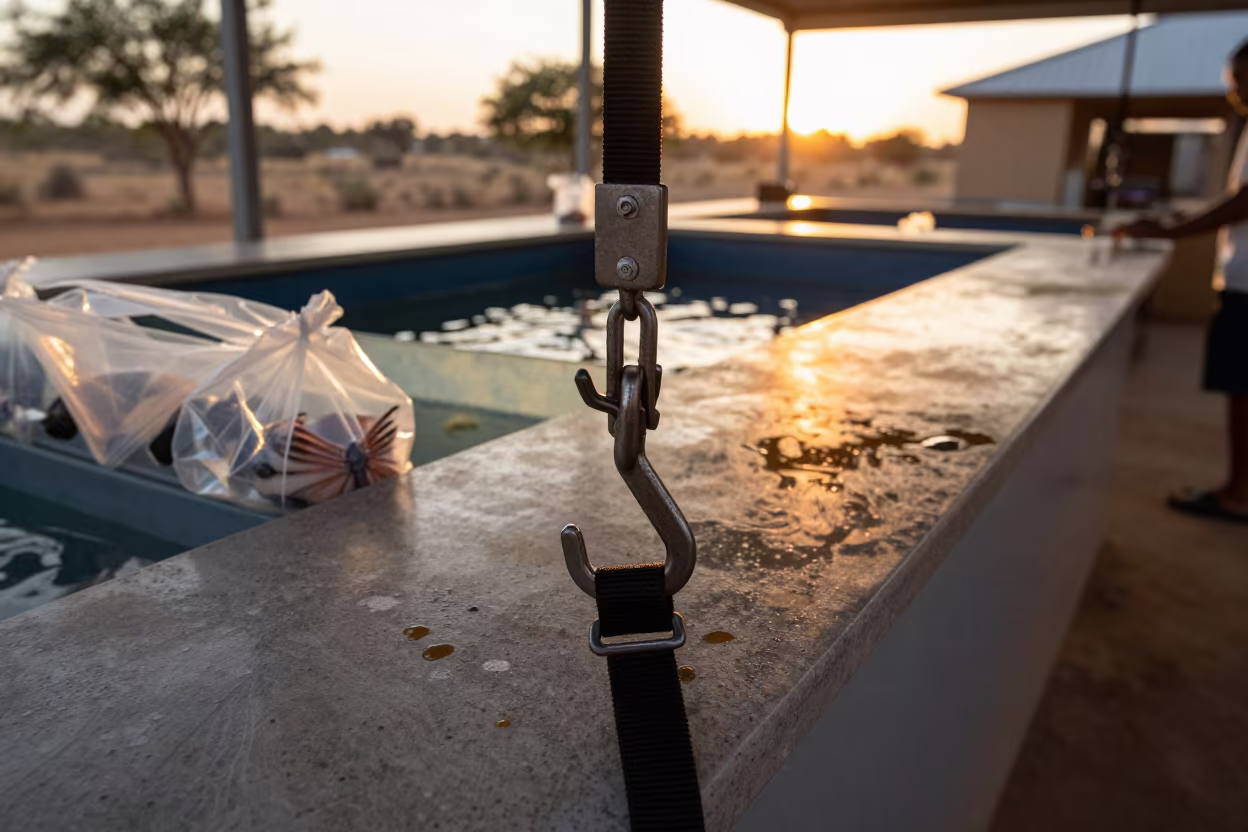 Senior Pet Harness Hook in Evening Light in inside a fish bagging counter zone near Gusau