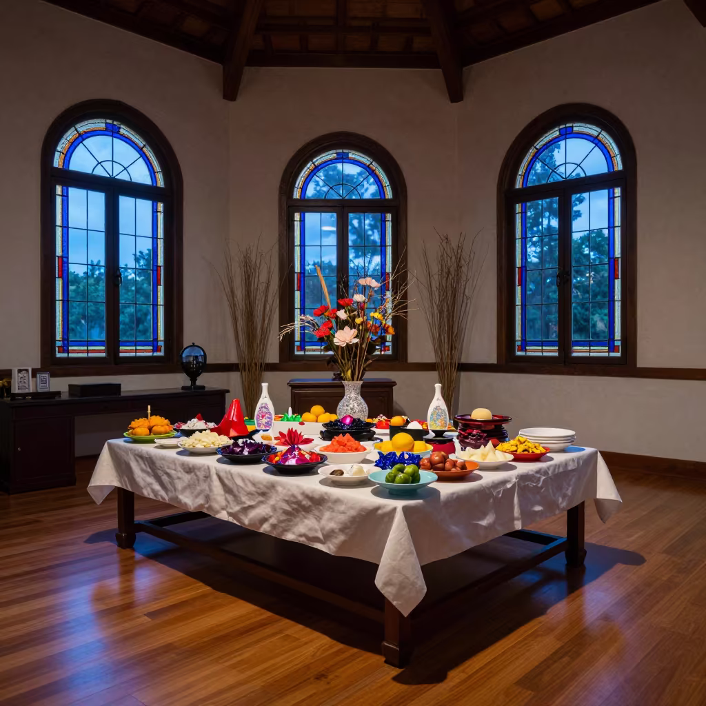 Seollal Ancestral Table in Johor Bahru Chapel in in a chapel lit by stained glass in Johor Bahru