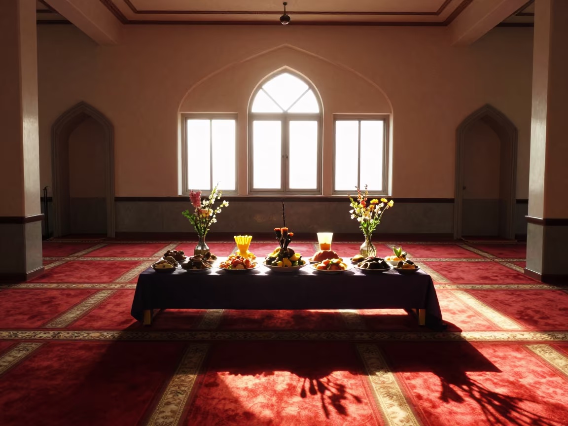 Seollal Ritual Table in Los Angeles Mosque in in a mosque prayer hall in Highland Park, Los Angeles