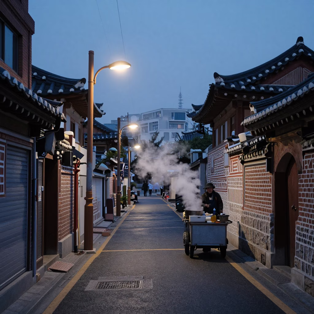 Seoul Alleyway Before Dawn with Steam, Street Lamps, and Local Breakfast in in Seoul, South Korea