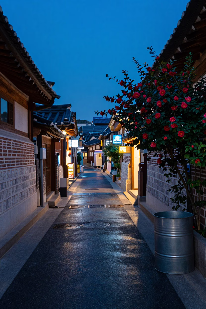 Seoul Alleyway Blue Hour with Metal Bucket and Camellia in in Seoul, South Korea