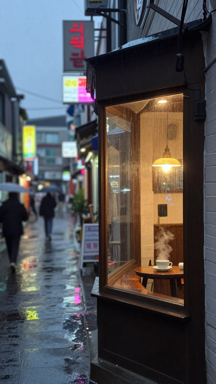 Seoul alleyway dusk rain wet pavement coffee shop drying rack in in Seoul, South Korea