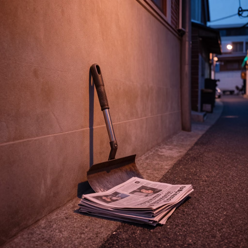 Seoul alleyway dusk scene with boot scraper and newspaper stack in in Seoul, South Korea