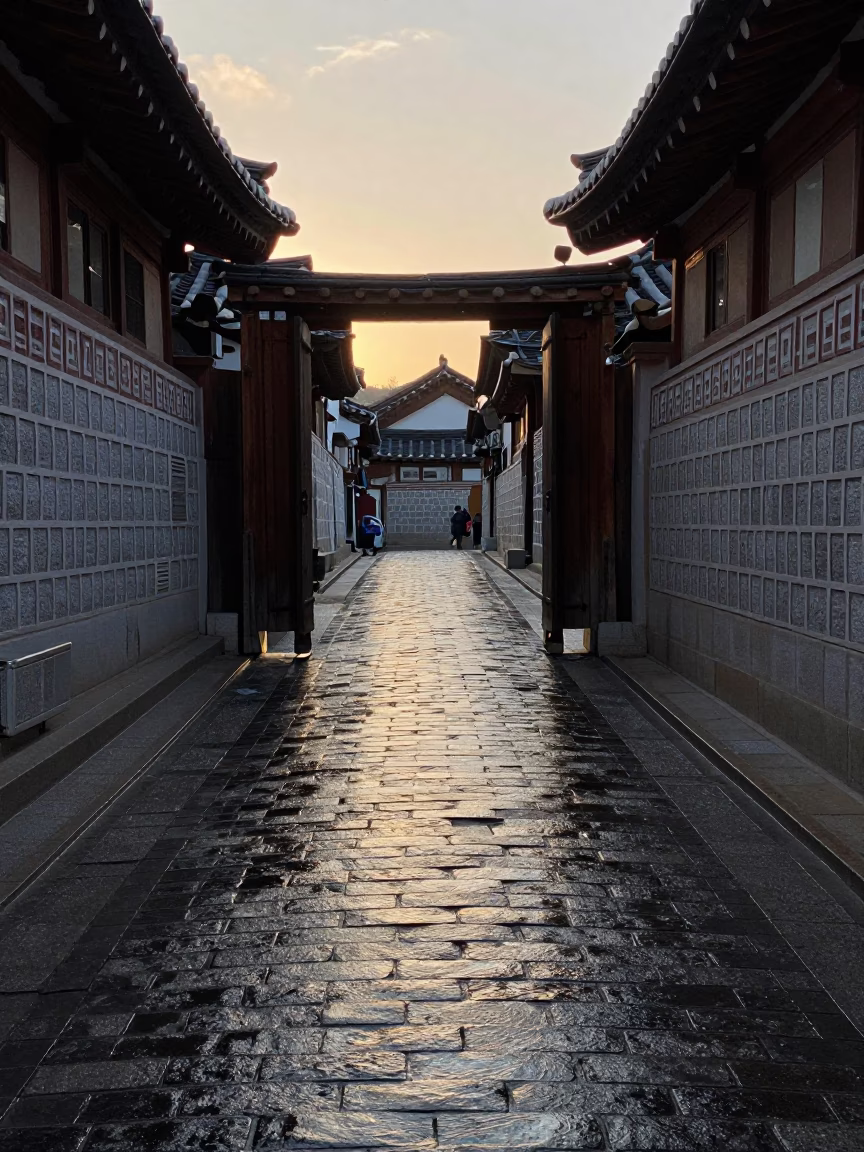 Seoul Alleyway Morning Light Reflections on Wet Cobblestones and Traditional Door in in Seoul, South Korea