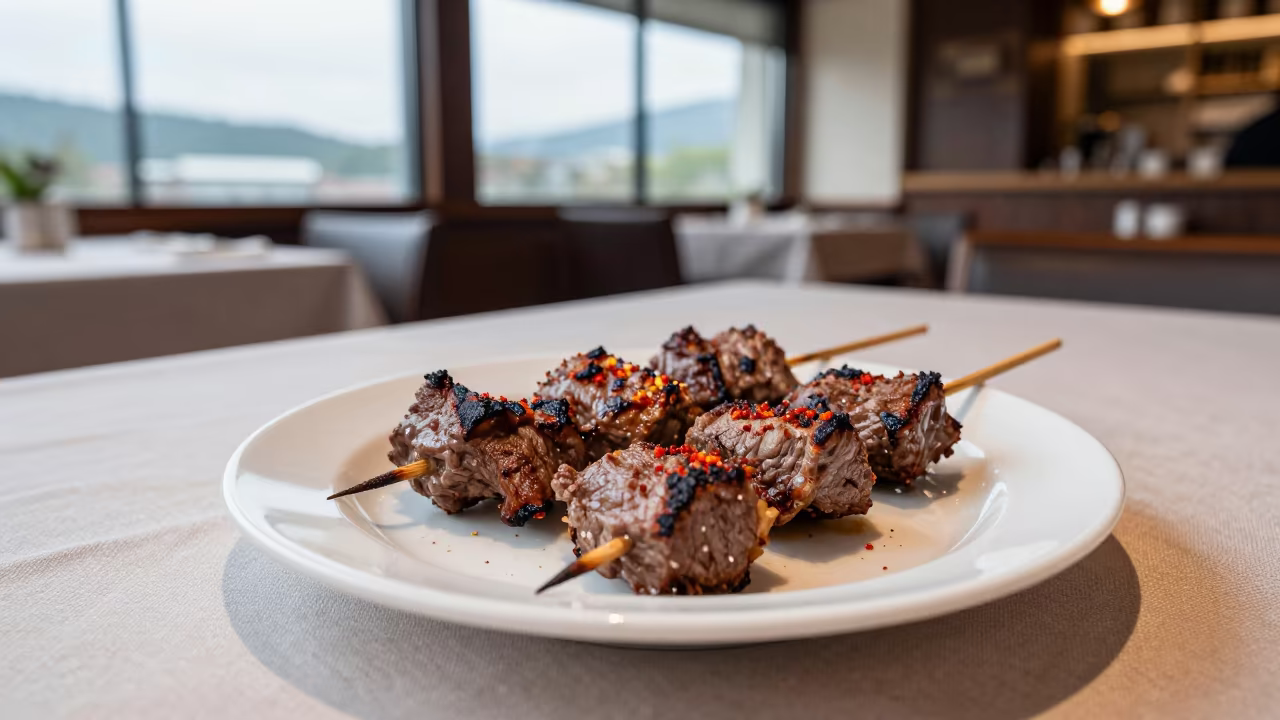 Seoul Anticuchos Skewers on Linen Table in on a linen-covered restaurant table in Seoul