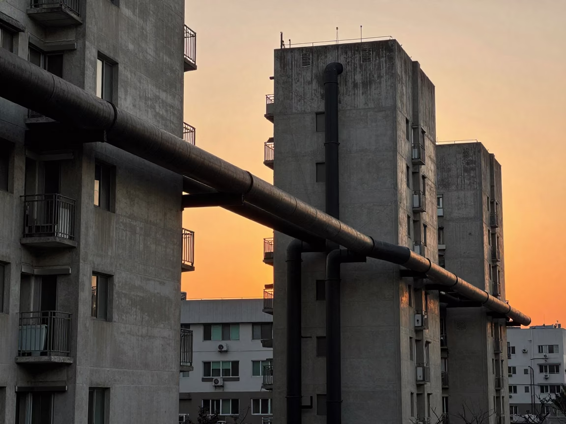 Seoul Apartment District Heating Pipes Crossing Concrete Facades at Sunset in in Seoul, South Korea
