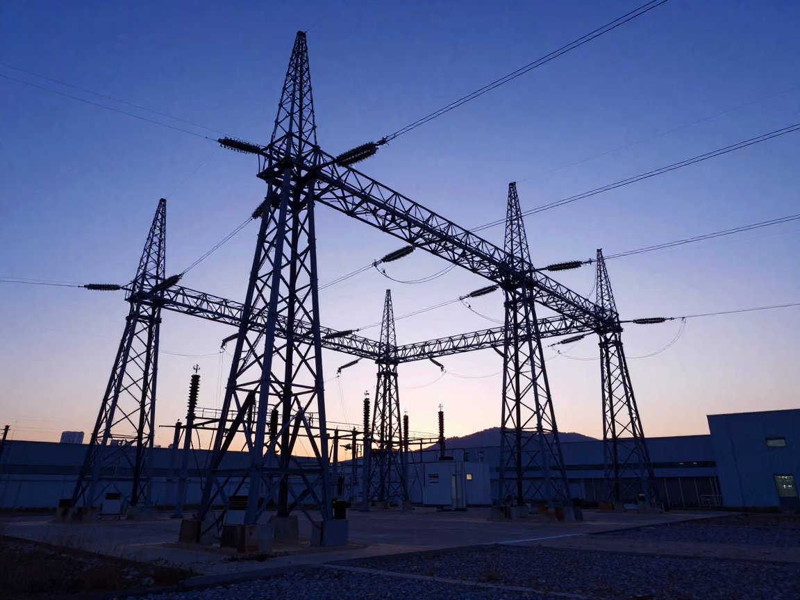 Seoul Before Dawn Power Substation Lattice Against Cobalt Twilight Sky in in Seoul, South Korea