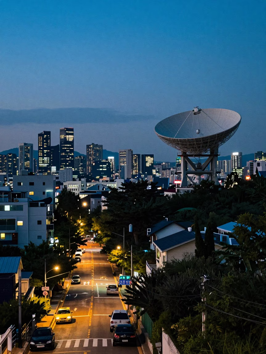 Seoul Blue Hour Cityscape with Vintage 1970s Street Scene and Radiotelescope in in Seoul, South Korea