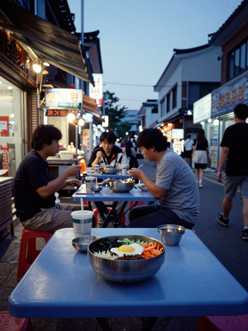 Seoul blue hour street food scene with bibimbap and wicker shadows in in Seoul, South Korea
