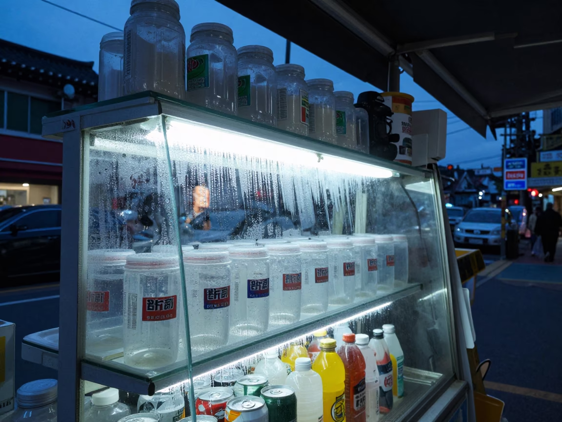 Seoul Blue Hour Street Scene with Condensation on Glass Shelf and Canisters in in Seoul, South Korea