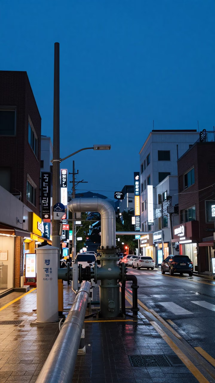 Seoul Blue Hour Street Scene with District Heating Pipes and Urban Life in in Seoul, South Korea