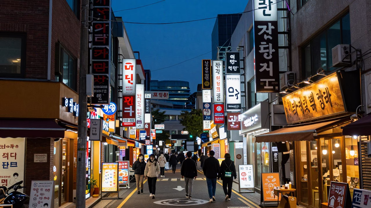 Seoul Blue Hour Street Scene with Neon Lights and Urban Details in in Seoul, South Korea