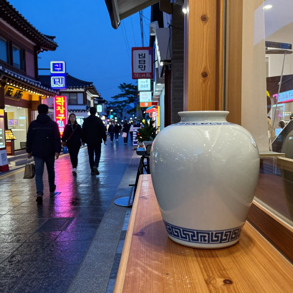 Seoul Blue Hour Street Scene with Neon Reflections and Traditional Porcelain Jar in in Seoul, South Korea