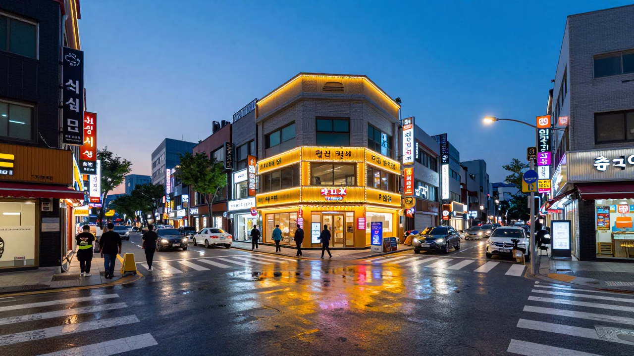 Seoul Blue Hour Street Scene with Neon Reflections and Urban Activity in in Seoul, South Korea