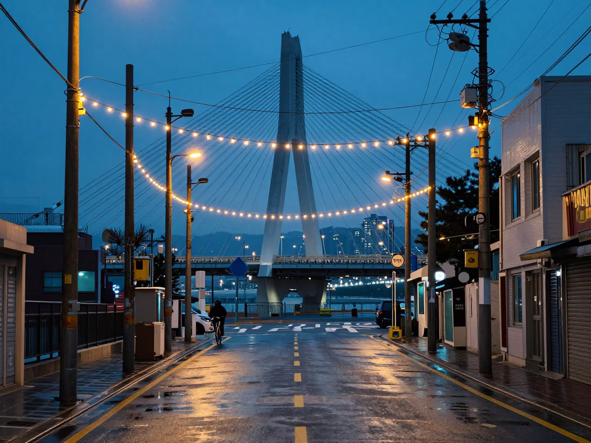 Seoul Blue Hour Street Scene with String Lights and Cable-Stayed Bridge in in Seoul, South Korea