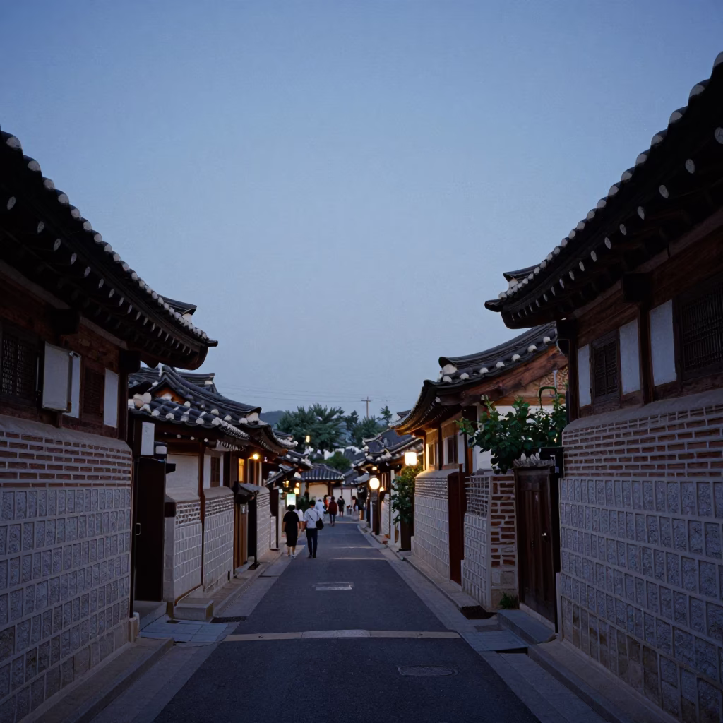 Seoul Blue Hour Street Scene with Traditional Hanok Architecture and Evening Commuters in in Seoul, South Korea