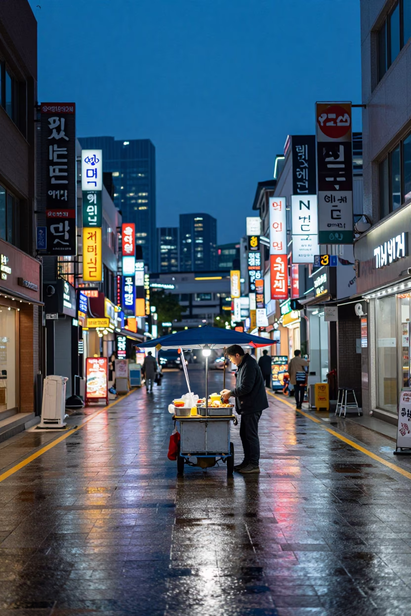 Seoul Blue Hour Street Scene with Vendor and Neon Reflections in in Seoul, South Korea