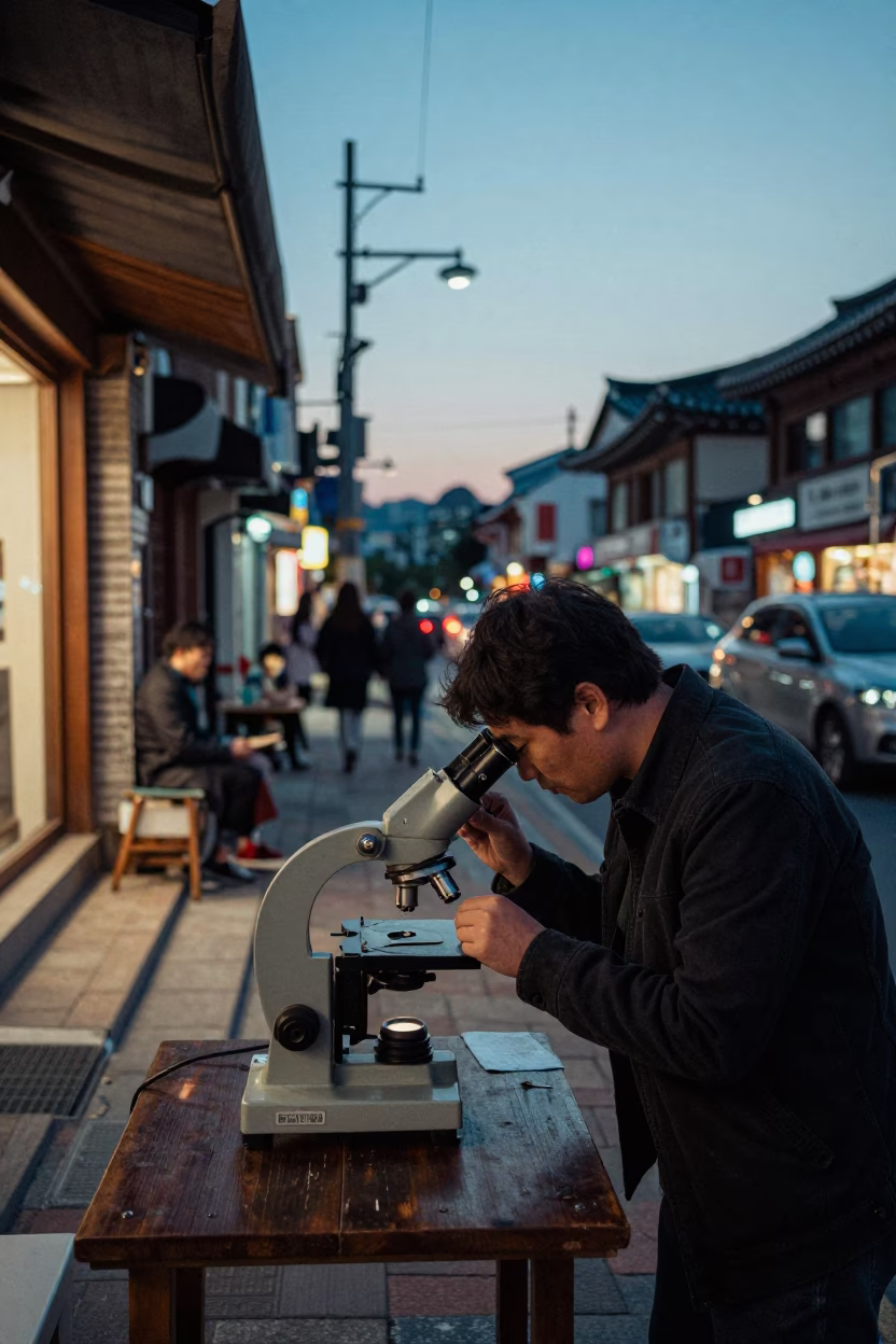 Seoul Blue Hour Street Scene with Vintage Microscope and Local Details in in Seoul, South Korea