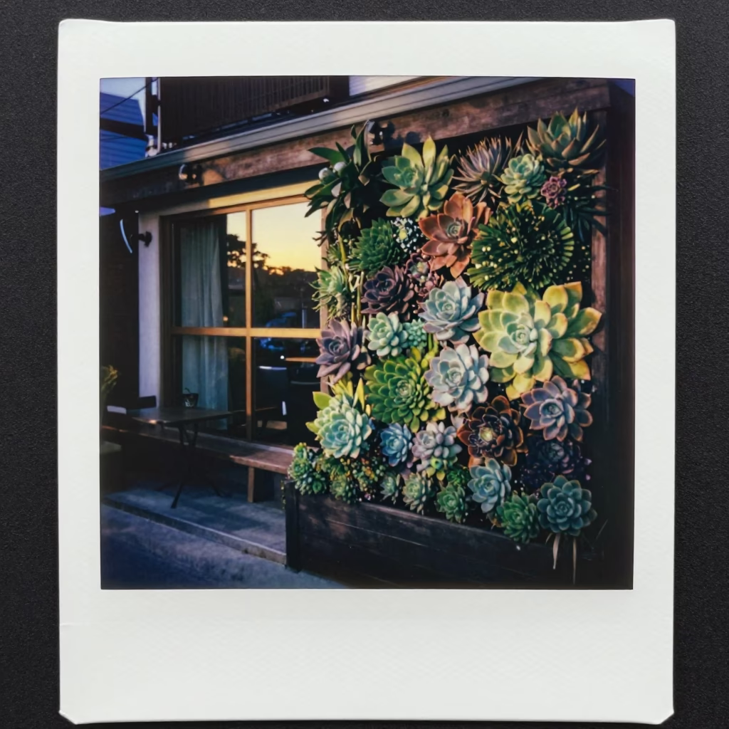 Seoul Cafe Exterior at Dawn with Living Succulent Wall and Apron in in Seoul, South Korea