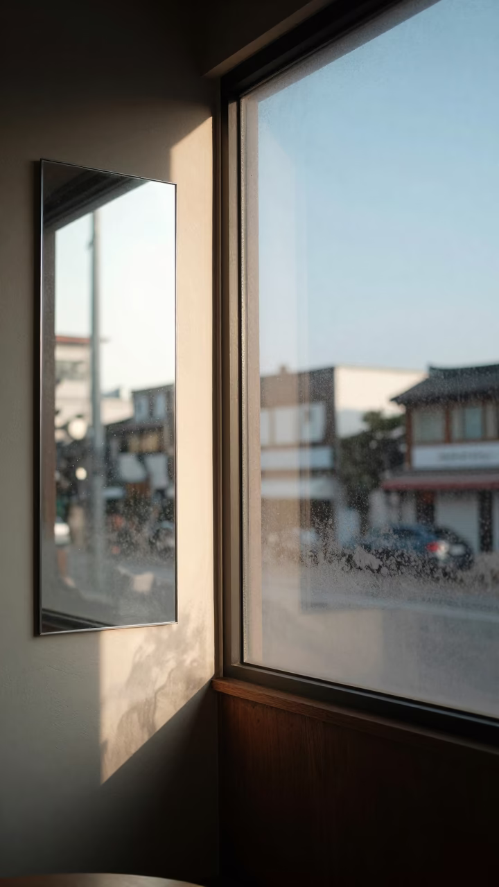 Seoul Cafe Window Light on Mirror Edge with Condensation and Succulents in in Seoul, South Korea