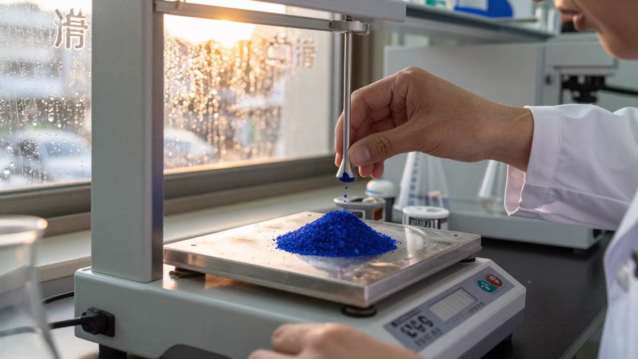 Seoul Chemist Weighs Cobalt Crystals at Golden Hour in in Seoul