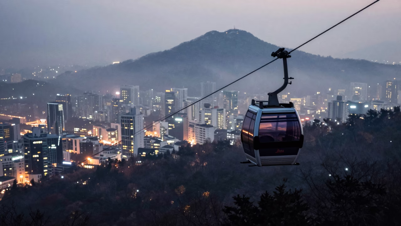 Seoul City Lights Glow as Aerial Tramway Crosses Foggy Mountain Valley at Dusk in in Seoul, South Korea