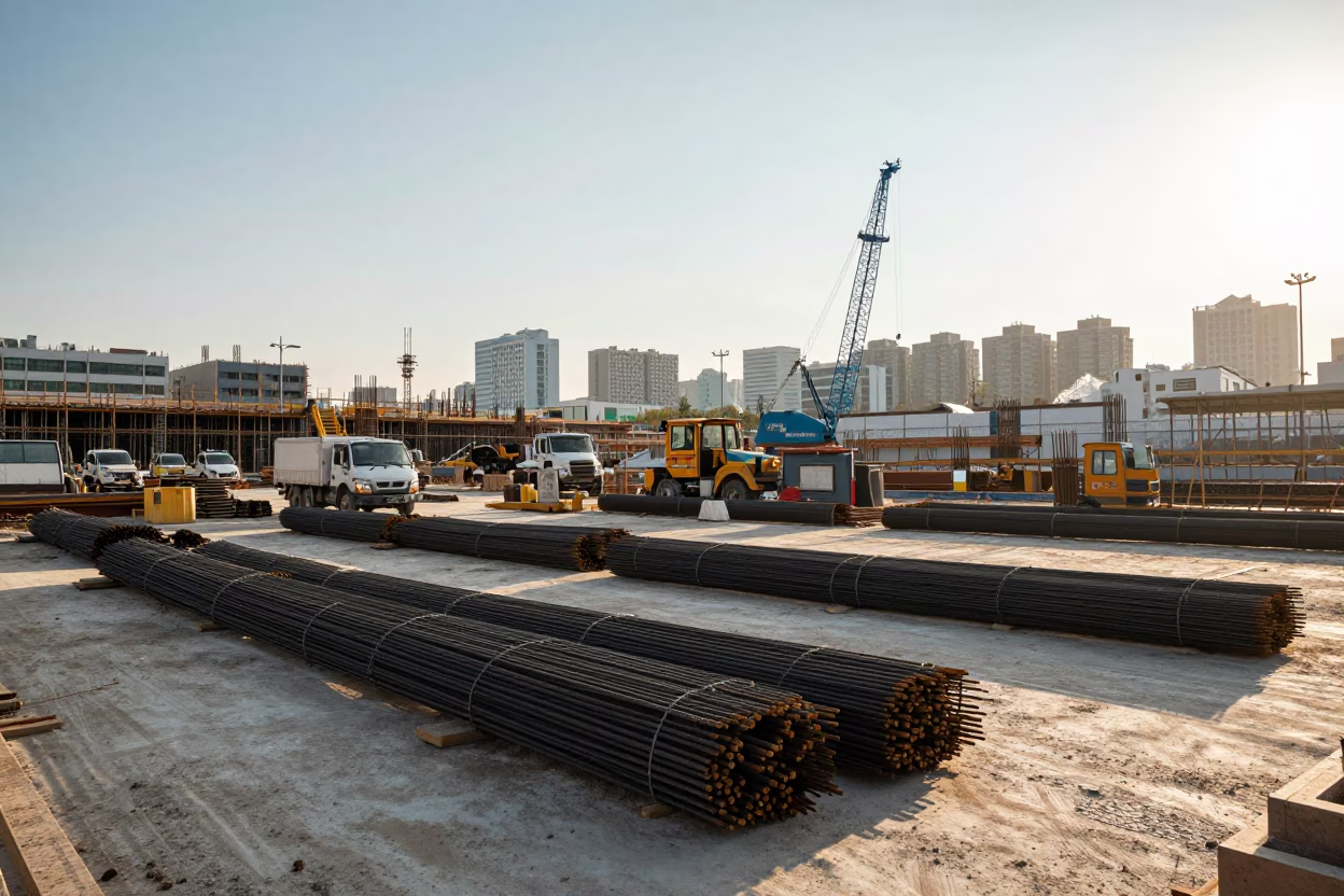 Seoul Construction Site at Late Afternoon with Rebar Bundles and Elevator Gate in in Seoul, South Korea