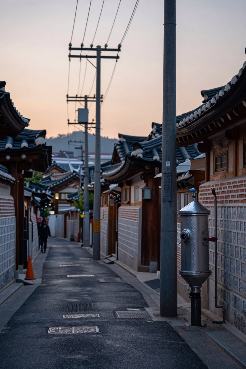 Seoul Dawn Alleyway with Condensation and Street Details Before Sunrise in in Seoul, South Korea