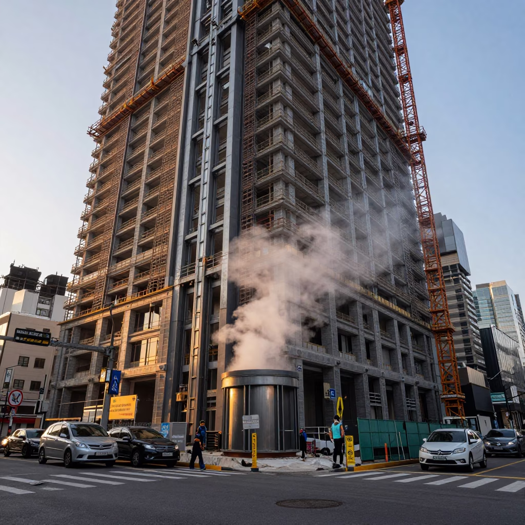 Seoul Dawn Street Scene Construction Site with Steam and Early Morning Light in in Seoul, South Korea