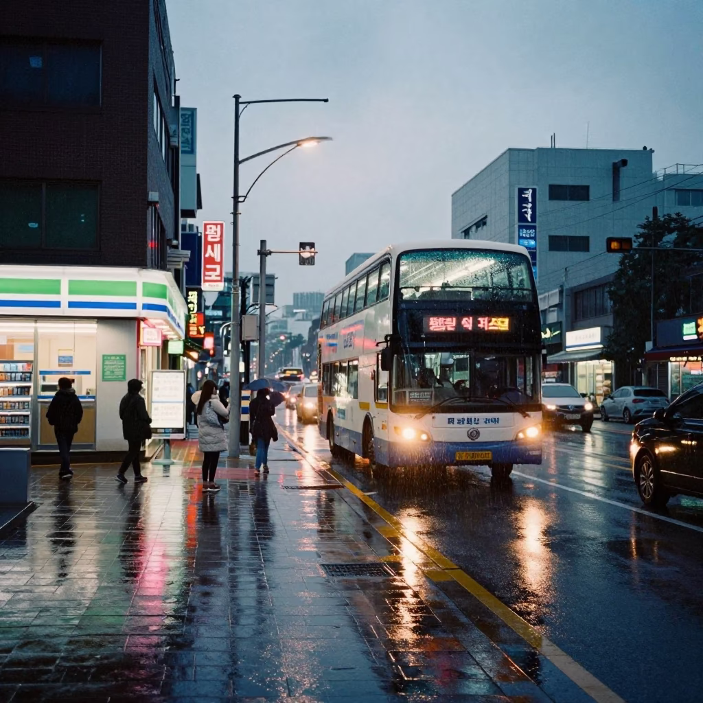 Seoul Dawn Street Scene with Double-Decker Bus and Rainy Bus Stop in in Seoul, South Korea