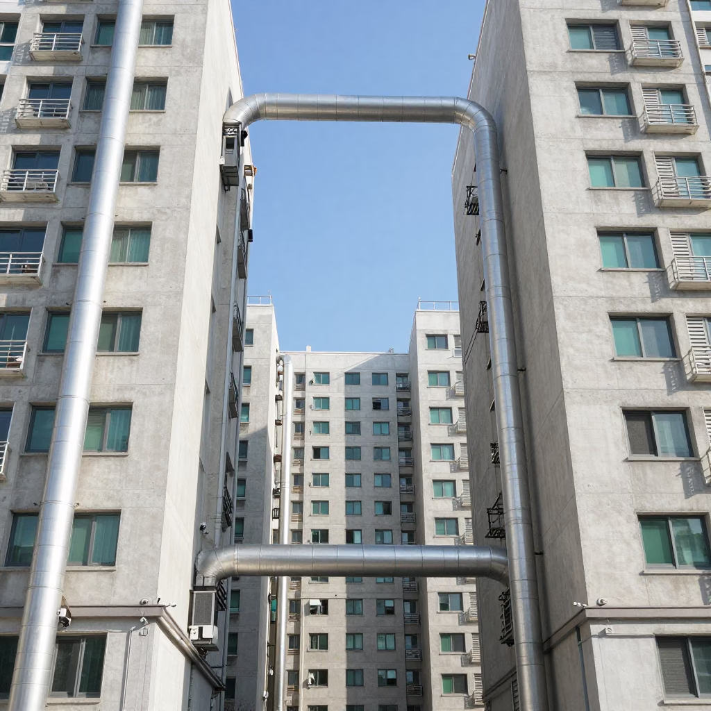 Seoul District Heating Pipes Between Concrete Apartment Blocks in Bright Midmorning Light in in Seoul, South Korea