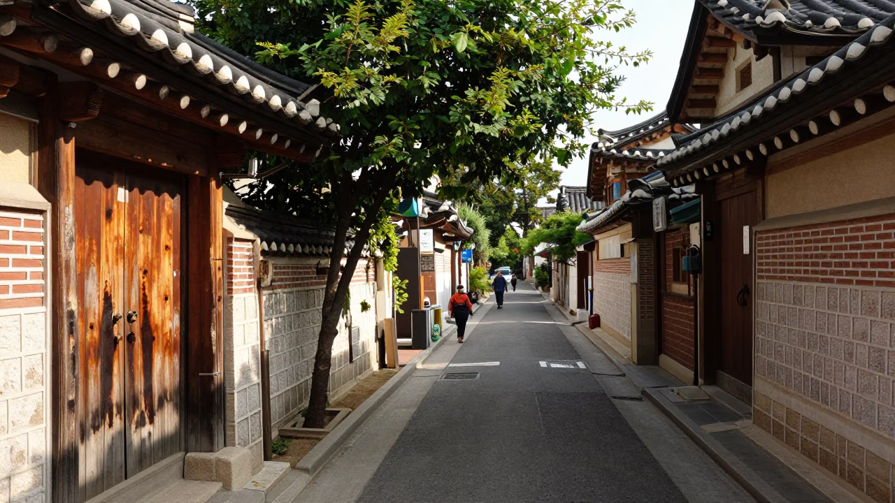 Seoul Early Afternoon Street Scene with Traditional Tea Stains on Wooden Doorframe in in Seoul, South Korea