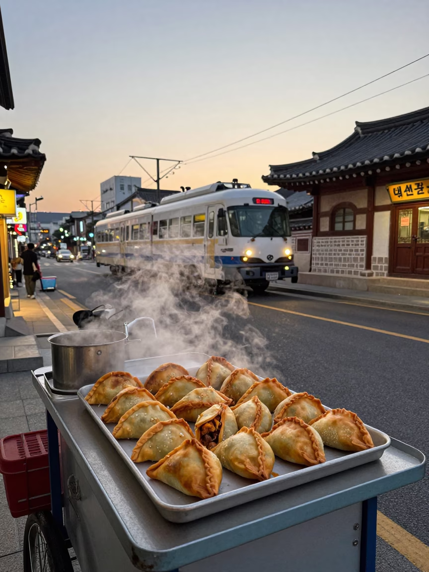 Seoul Early Evening Street Scene with Monorail and Traditional Korean Food in in Seoul, South Korea