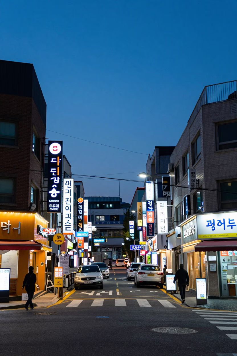 Seoul Early Evening Street Scene with Neon Signs and Traffic Flow in in Seoul, South Korea