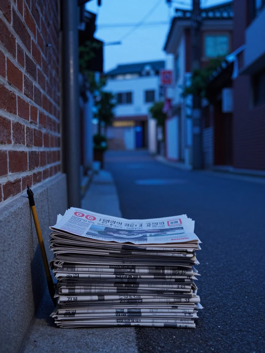 Seoul Evening Blue Hour Street Scene with Newspaper Stack and Calligraphy Brush in in Seoul, South Korea