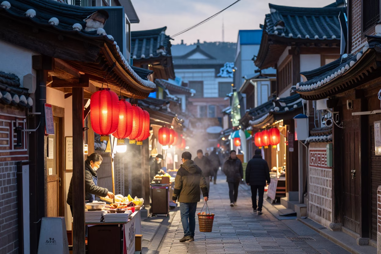 Seoul Evening Street Life with Lanterns and Condensation on Glass in South Korea in in Seoul, South Korea