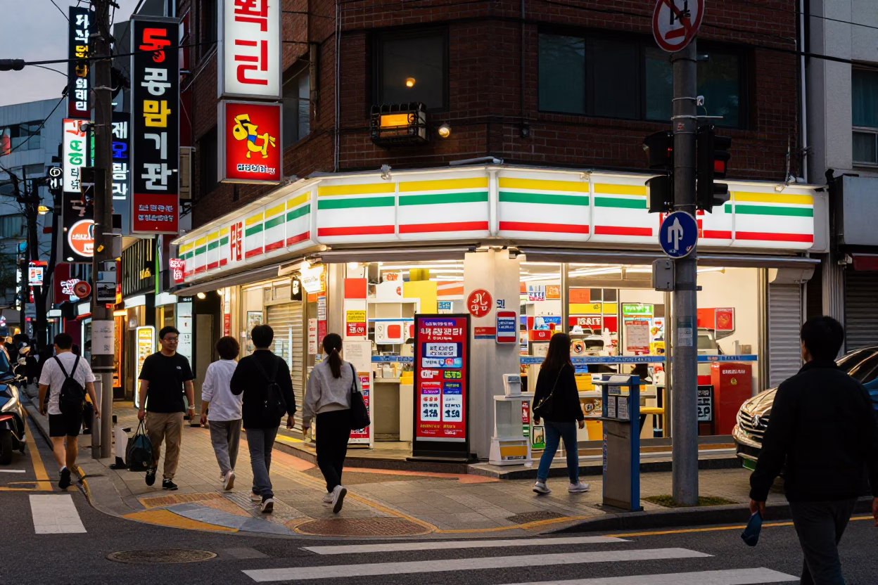 Seoul evening street life with neon signs and pedestrians near traditional architecture in in Seoul, South Korea