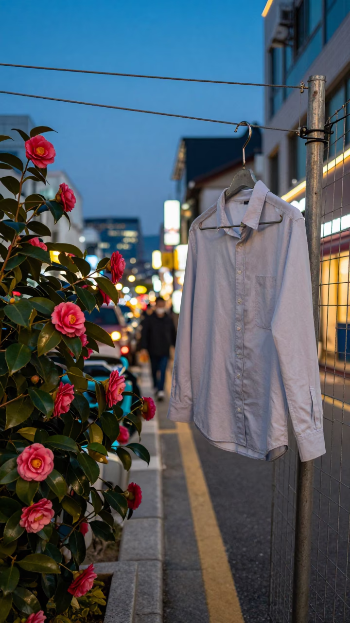 Seoul Evening Street Scene with Camellia and Shirt Hanger in 1990s Korea in in Seoul, South Korea