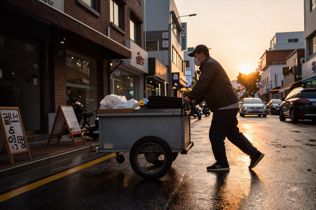 Seoul Evening Street Scene with Caster Wheel and Polished Brass Tile Reflections in in Seoul, South Korea